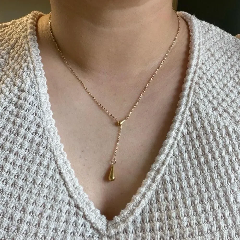 18K Gold Plated Stainless Steel Y Drop Lariat Necklace + Jewelry Pouch